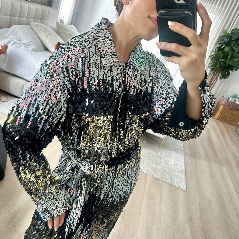 Nasty Gal Black and Silver Sequin Jumpsuit with Belted Waist